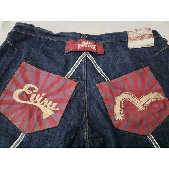Evisu Y2K Denim Shorts Dark Blue Size 44 Vintage Heritage - Picture 14 of 15